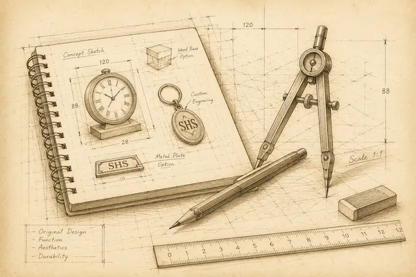 Original product design blueprint illustration showing concept sketches, engineering drawings, and design planning at SHS Gifts.