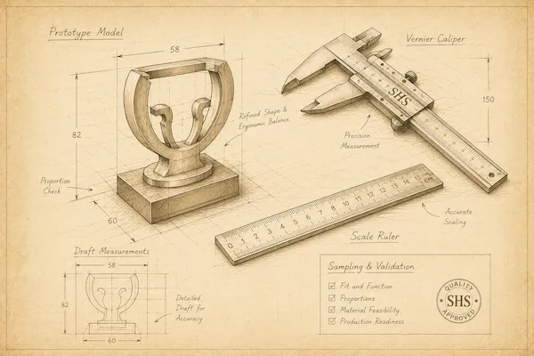 Prototype and sampling blueprint illustration featuring product prototypes, measurements, calipers, and engineering refinement.