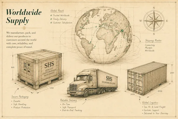 Worldwide supply blueprint illustration showing global logistics, shipping routes, secure packaging, freight transport, and international delivery.