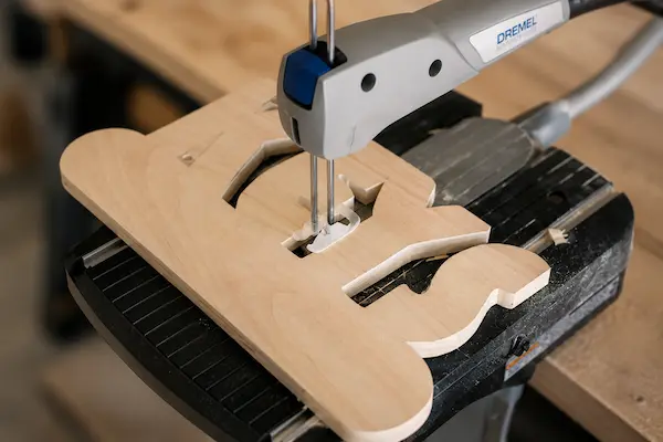 Scroll saw cutting a violin-shaped wooden blank on a workbench, blade guiding the outline.