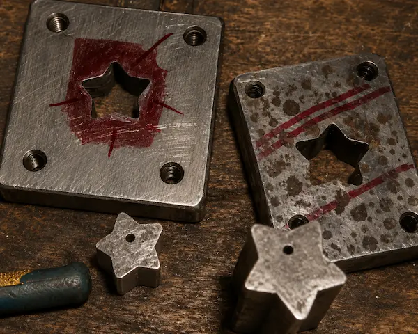 Two metal star-shaped dies on a wooden workspace, with star cutouts and red markings, plus two small star pieces nearby (tools/cutters).