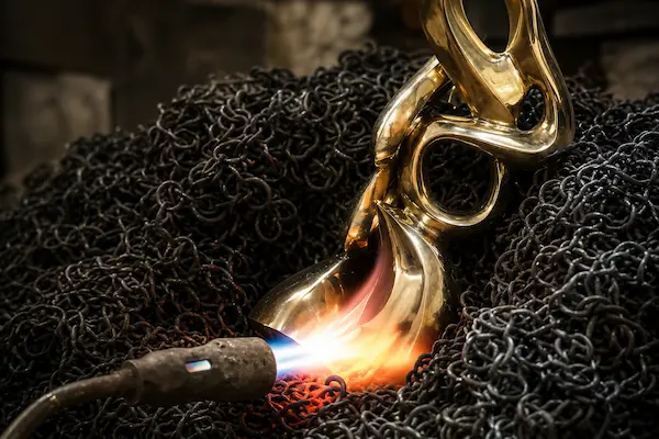 Gold pendant being welded with a torch over a bed of dark chainmail, sparks glowing as metal fuses.