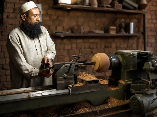 Bearded craftsman in a white cap shaping wood on a lathe in a brick-walled workshop.